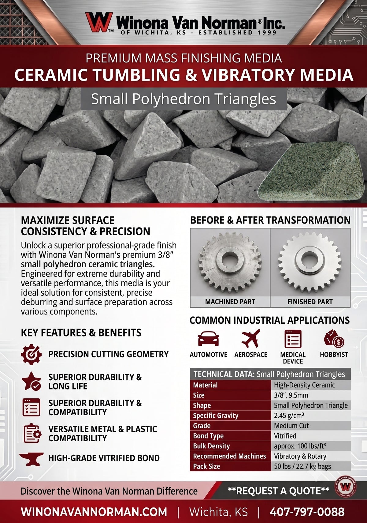 3/8" Ceramic Tumbling & Vibratory Media - Small Angle-Cut Polyhedron Triangles, Medium Cut for Deburring & Polishing (15 lbs)